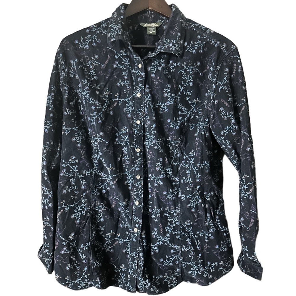 Eddie Bauer Women’s Size XXL Black Floral Pin Whale Corduroy Button Up Blouse
